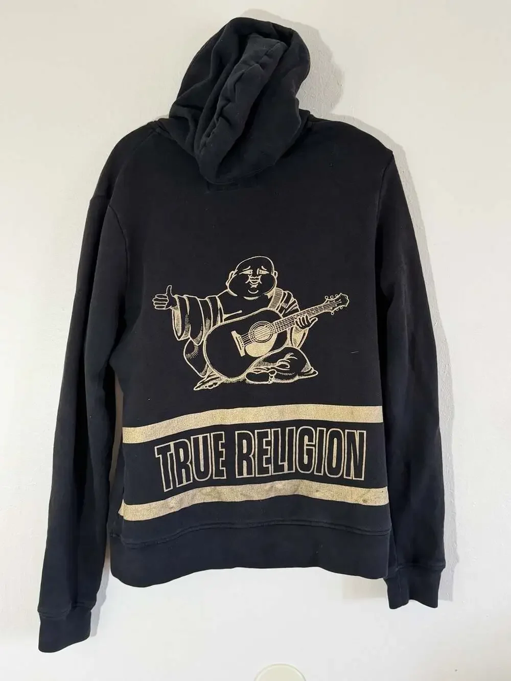 True Religion Men's Black Full-Zip Hoodie with Gold Buddha Logo